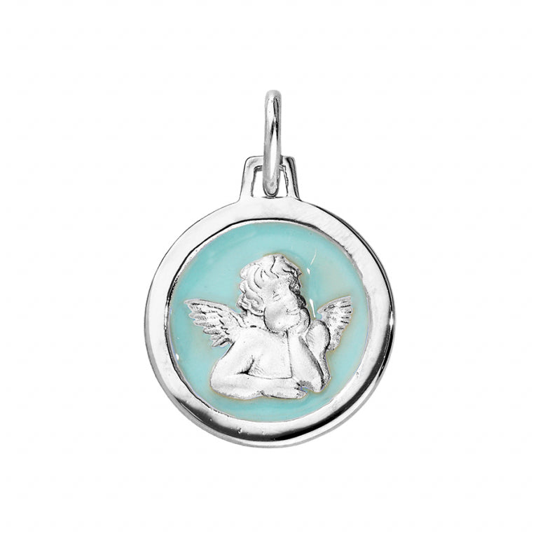 Pendentif argent rhodié rond ange sur fond résine bleu ciel