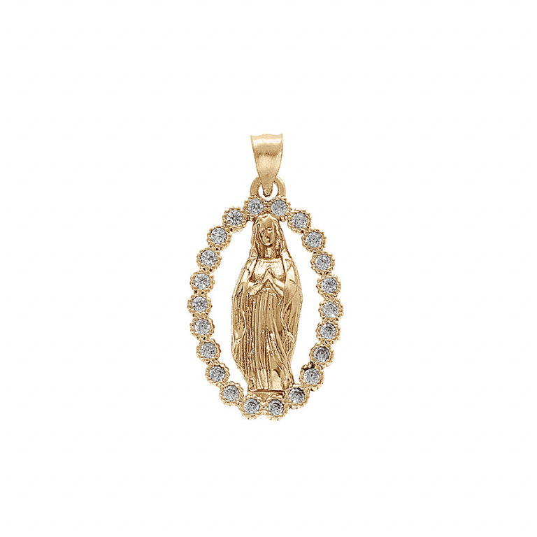 Pendentif plaqué or ovale, Vierge de Lourdes, oxydes blancs sertis