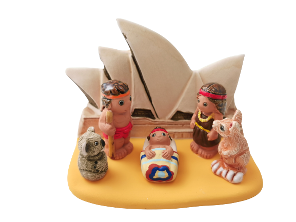 Crèche du Monde - Australie. Collection Boutique de Fourvière : Crèches artisanales en céramique peinte à la main du Pérou, certifiées Fair Trade. Objets de décoration de Noël.