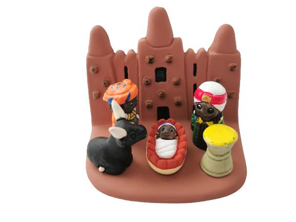 Crèche du Monde - Mali. Collection Boutique de Fourvière : Crèches artisanales en céramique peinte à la main du Pérou, certifiées Fair Trade. Objets de décoration de Noël.