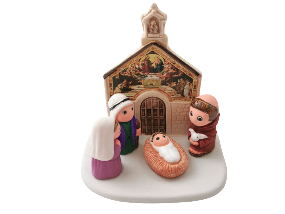 Crèche du Monde - Saint François D'Assise. Collection Boutique de Fourvière : Crèches artisanales en céramique peinte à la main du Pérou, certifiées Fair Trade. Objets de décoration de Noël.