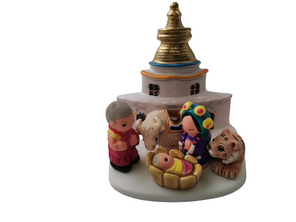 Crèche du Monde - Tibet. Collection Boutique de Fourvière : Crèches artisanales en céramique peinte à la main du Pérou, certifiées Fair Trade. Objets de décoration de Noël.