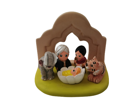 Crèche du Monde - Inde. Collection Boutique de Fourvière : Crèches artisanales en céramique peinte à la main du Pérou, certifiées Fair Trade. Objets de décoration de Noël.