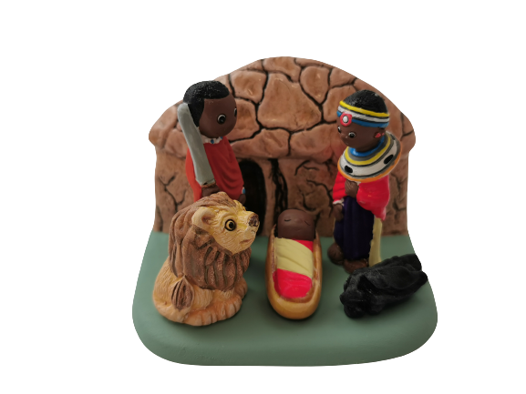 Crèche du Monde - Masai. Collection Boutique de Fourvière : Crèches artisanales en céramique peinte à la main du Pérou, certifiées Fair Trade. Objets de décoration de Noël.