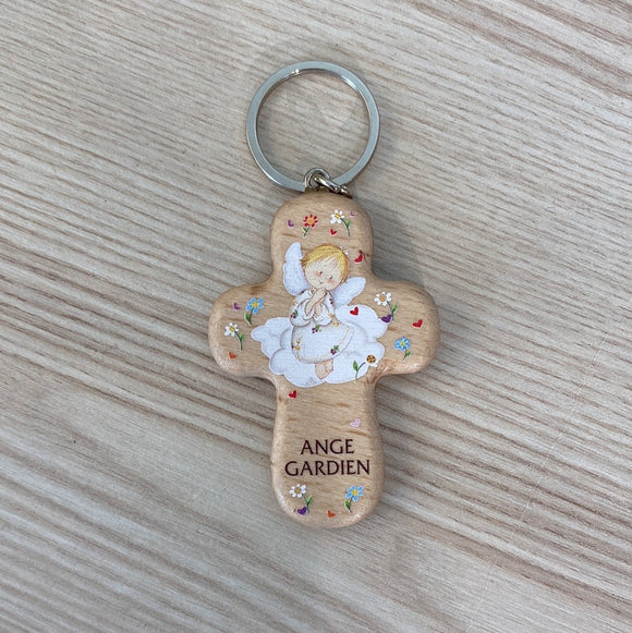 Porte clé en bois croix + symbole